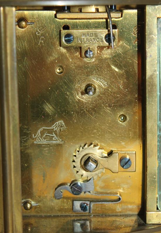 An early 20th century Duvernoy brass combined carriage timepiece and barometer, width 6in.